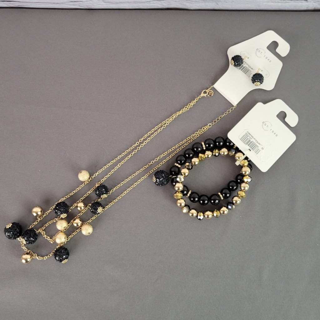 Nwt Cato Sparkly Gold & Black Costume Necklace, Bracelet, & Earrings Set